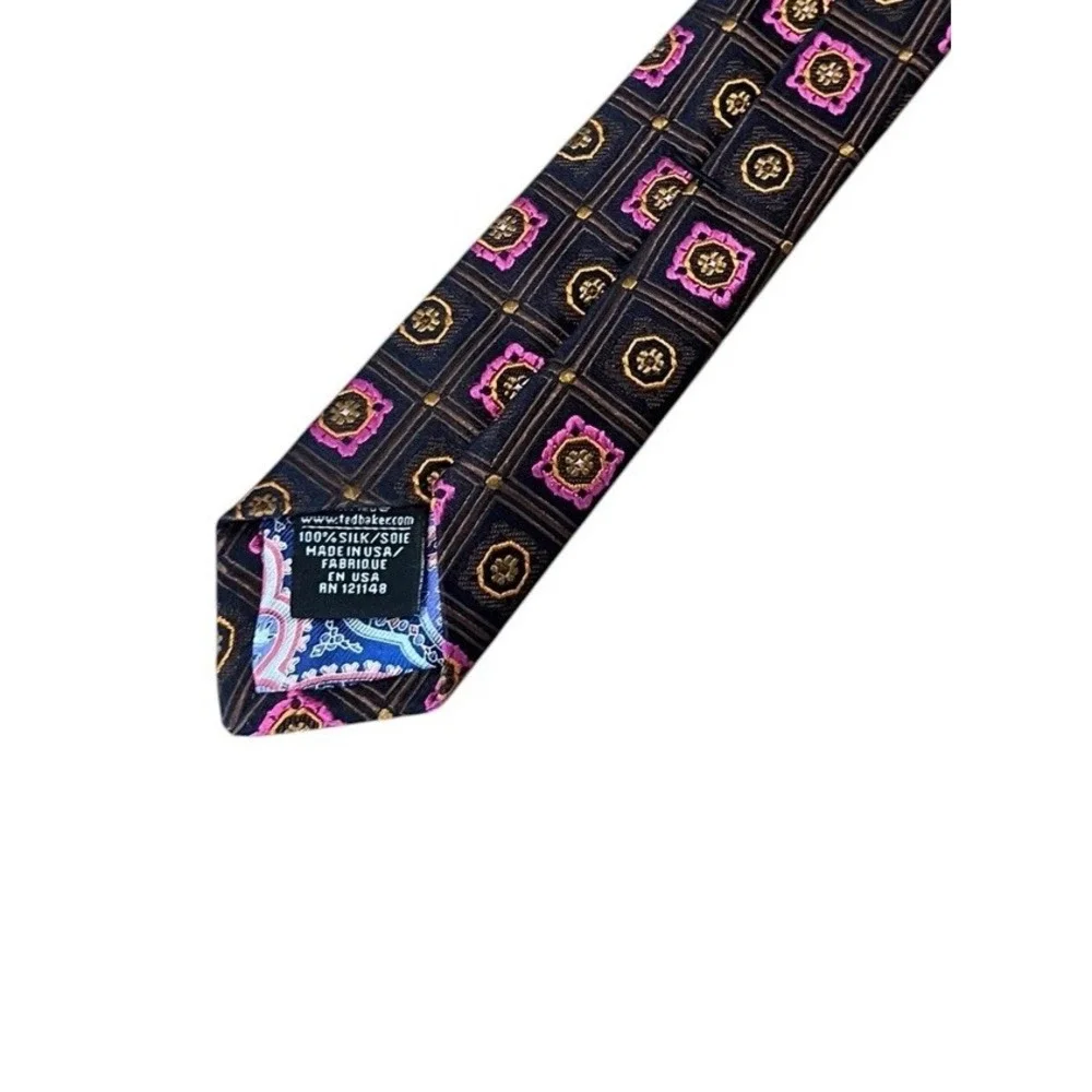 Ted Baker London Men's Silk Necktie Magenta Purple Gold Medallions Made In USA